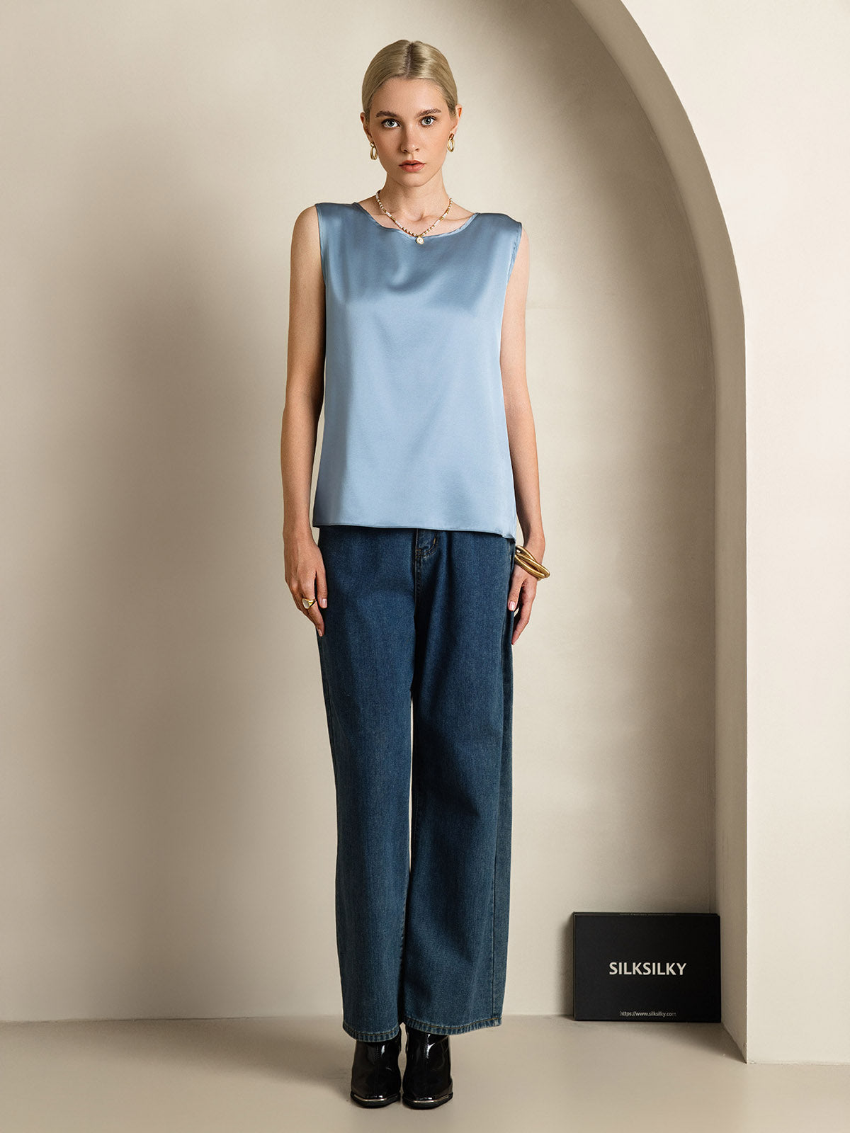 [Grayish Blue] SilkSilky-AU 19Momme Silk Round Neck Camisole 006