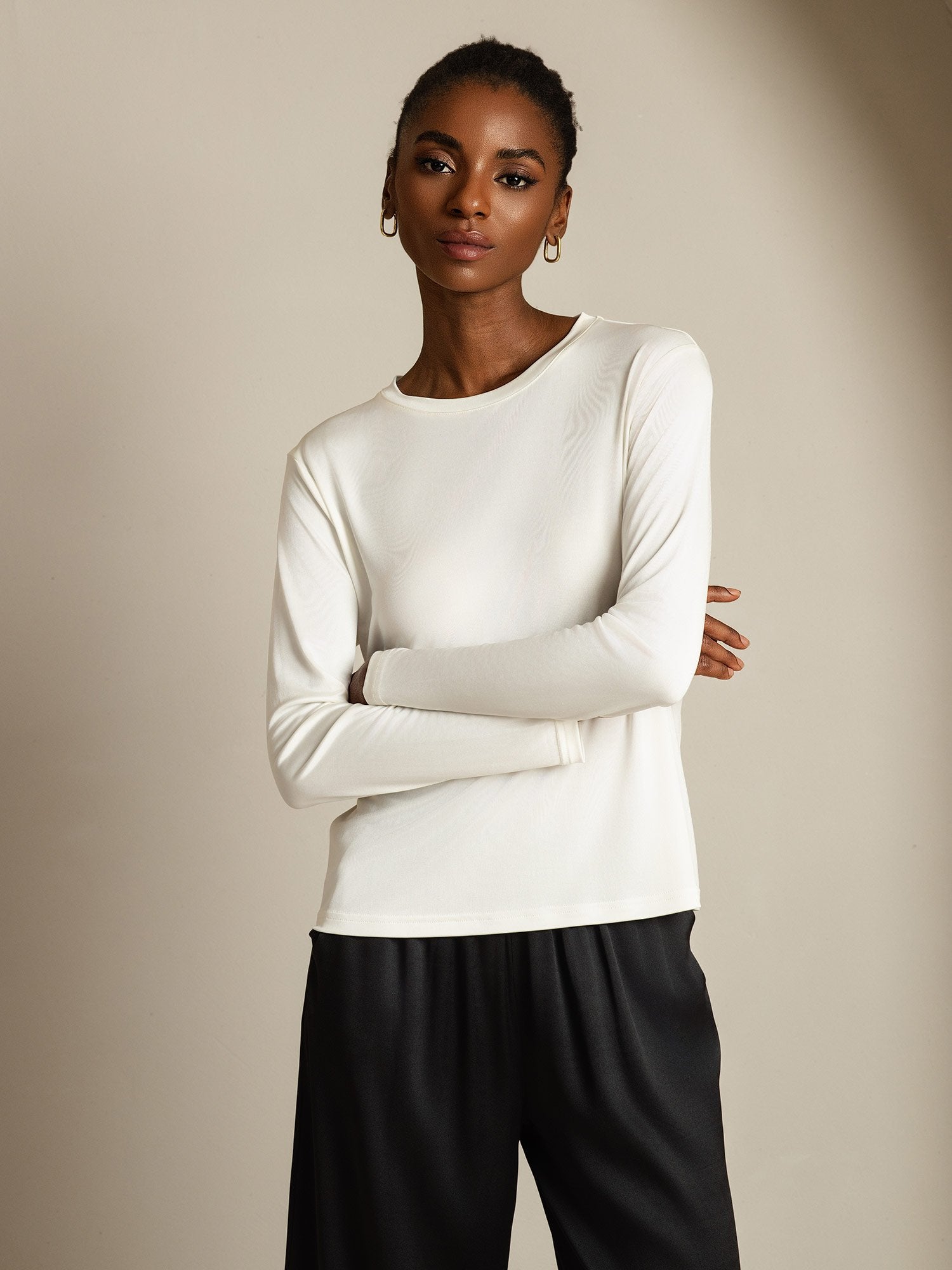 [White] SilkSilky-AU Pure Silk Womens T-Shirt 001,