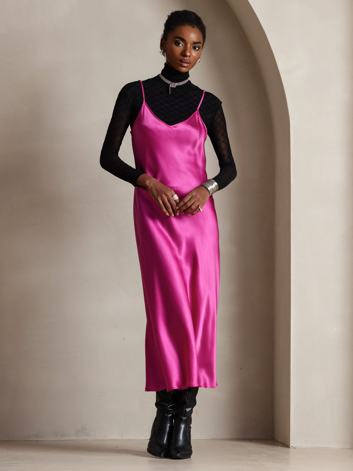 [Rose Red] SilkSilky-AU Spaghetti Strap V Neck Dress 001