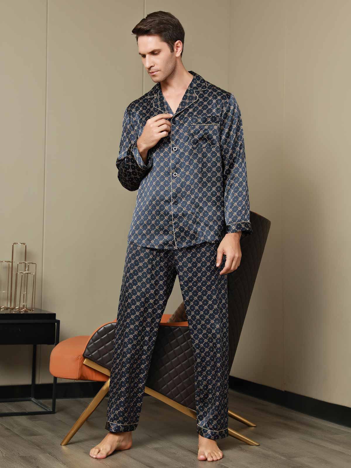 SilkSilky AU Pure Silk Long Sleeve Lapel Men's Pyjamas DarkBlue 007