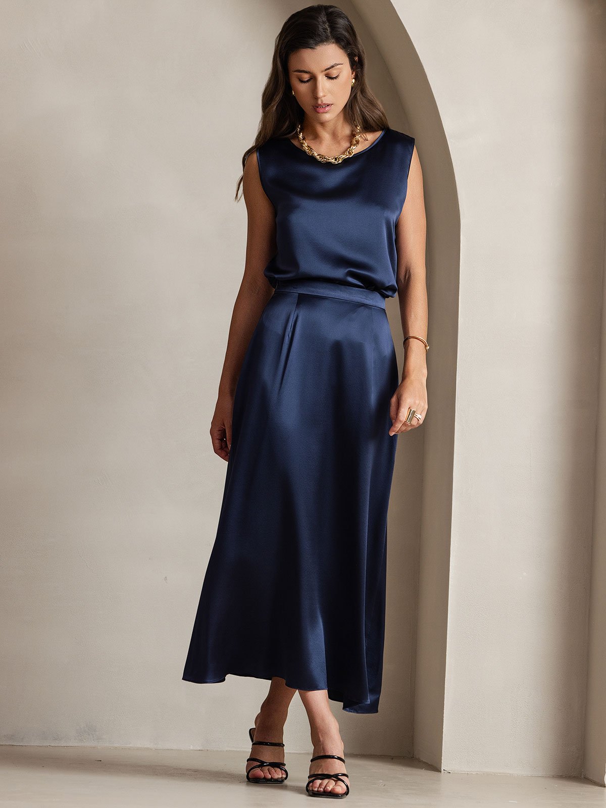[Dark Blue] SilkSilky-AU 19Momme Stretch Silk Charmeuse Skirt 007