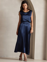 [Dark Blue] SilkSilky-AU 19Momme Stretch Silk Charmeuse Skirt 007