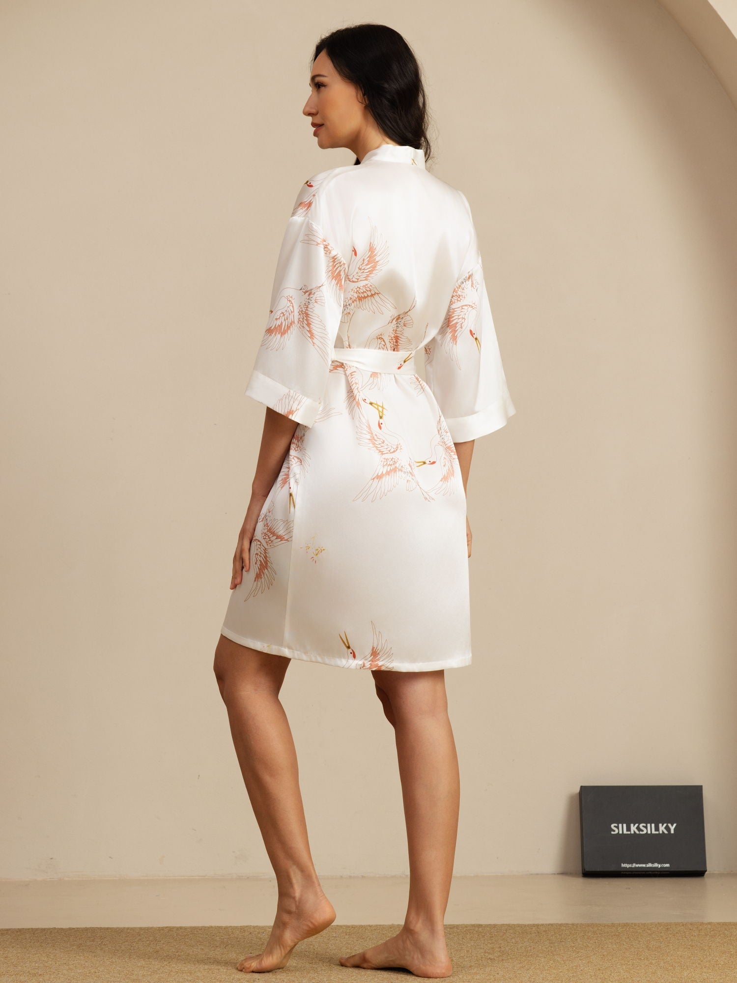 [White] SilkSilky-AU 19Momme 3/4 Sleeve Women's Dressing Gown 002