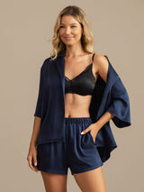 [Dark Blue] SilkSilky-AU 19Momme Machine-Washable Silk Half Sleeve Notch Collar Women's Pyjamas 005
