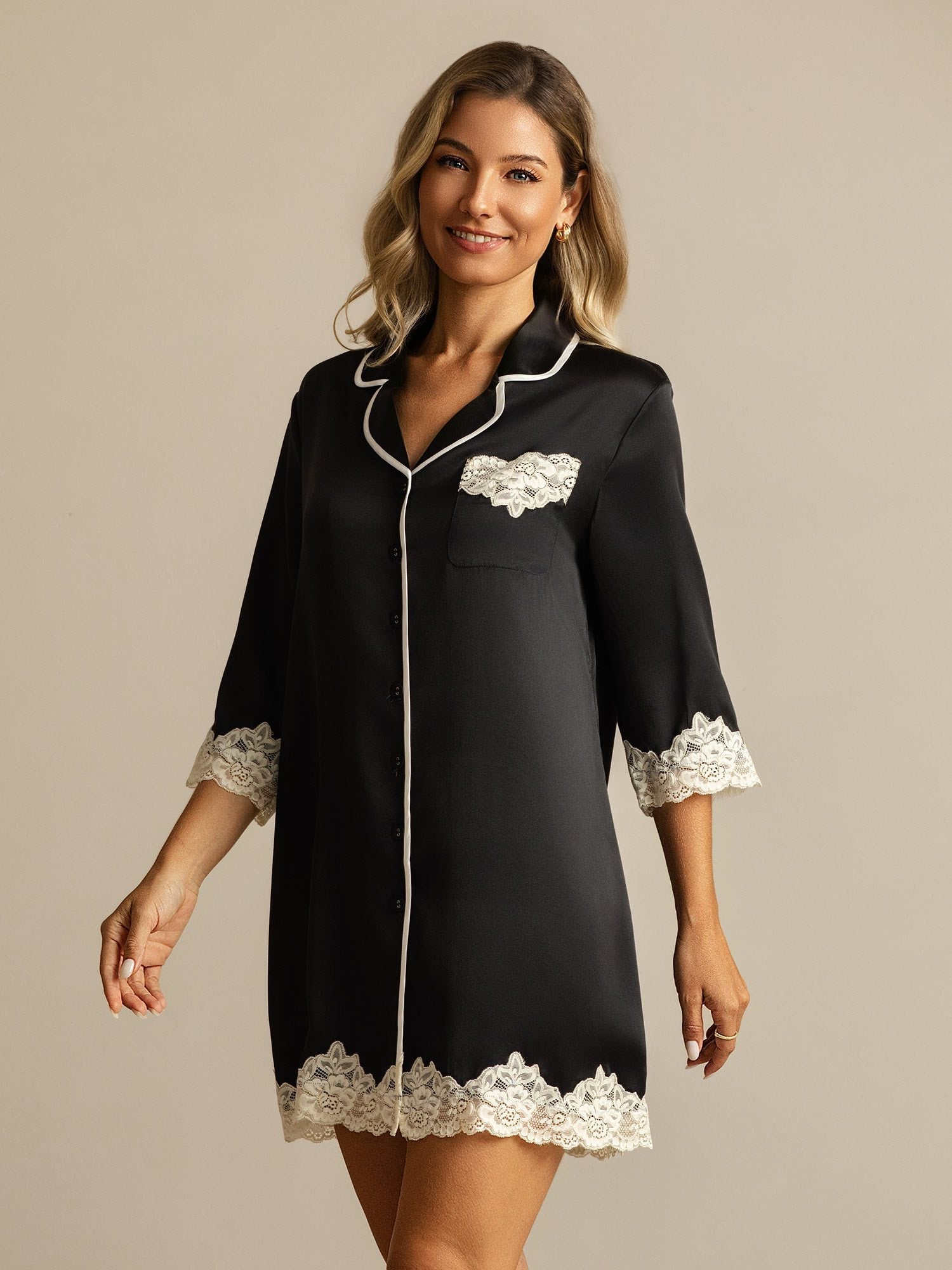 [Black] SilkSilky-AU Pure Silk Lapel Collar Nightshirt 007