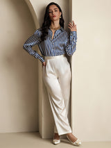 [Navy Stripe] SilkSilky-AU Long Sleeve Lapel Collar Women's Shirt 009