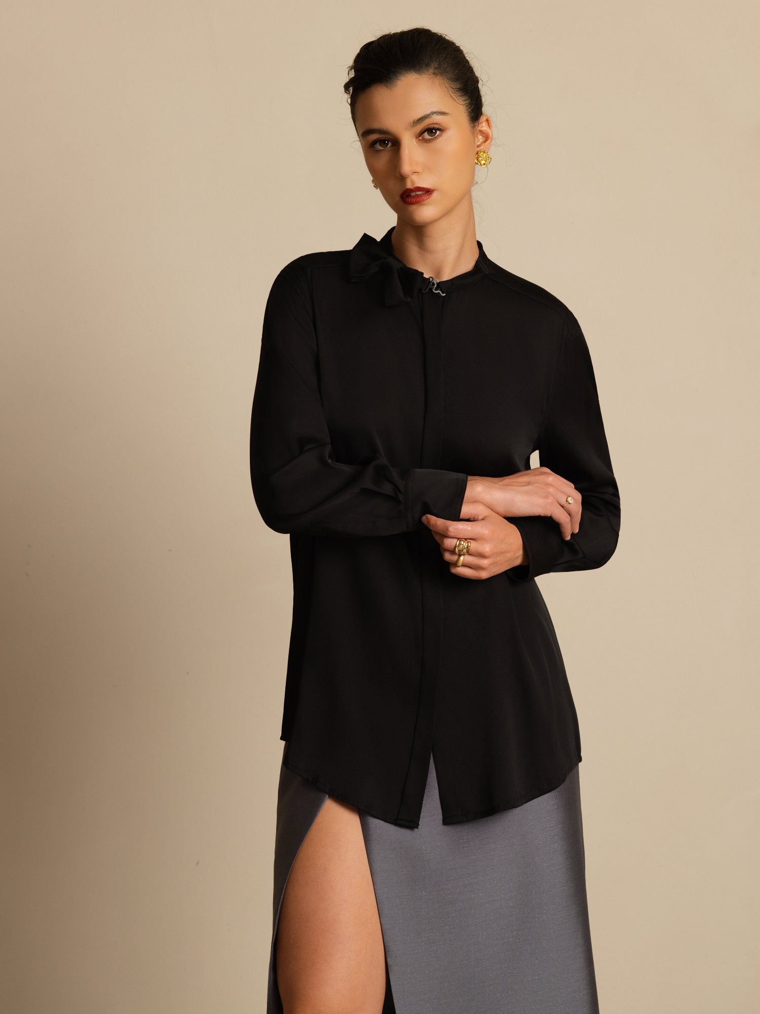 [Black] SilkSilky-AU 19Momme Stretch Silk Double Georgette Long Sleeve Stand Collar Blouse 004