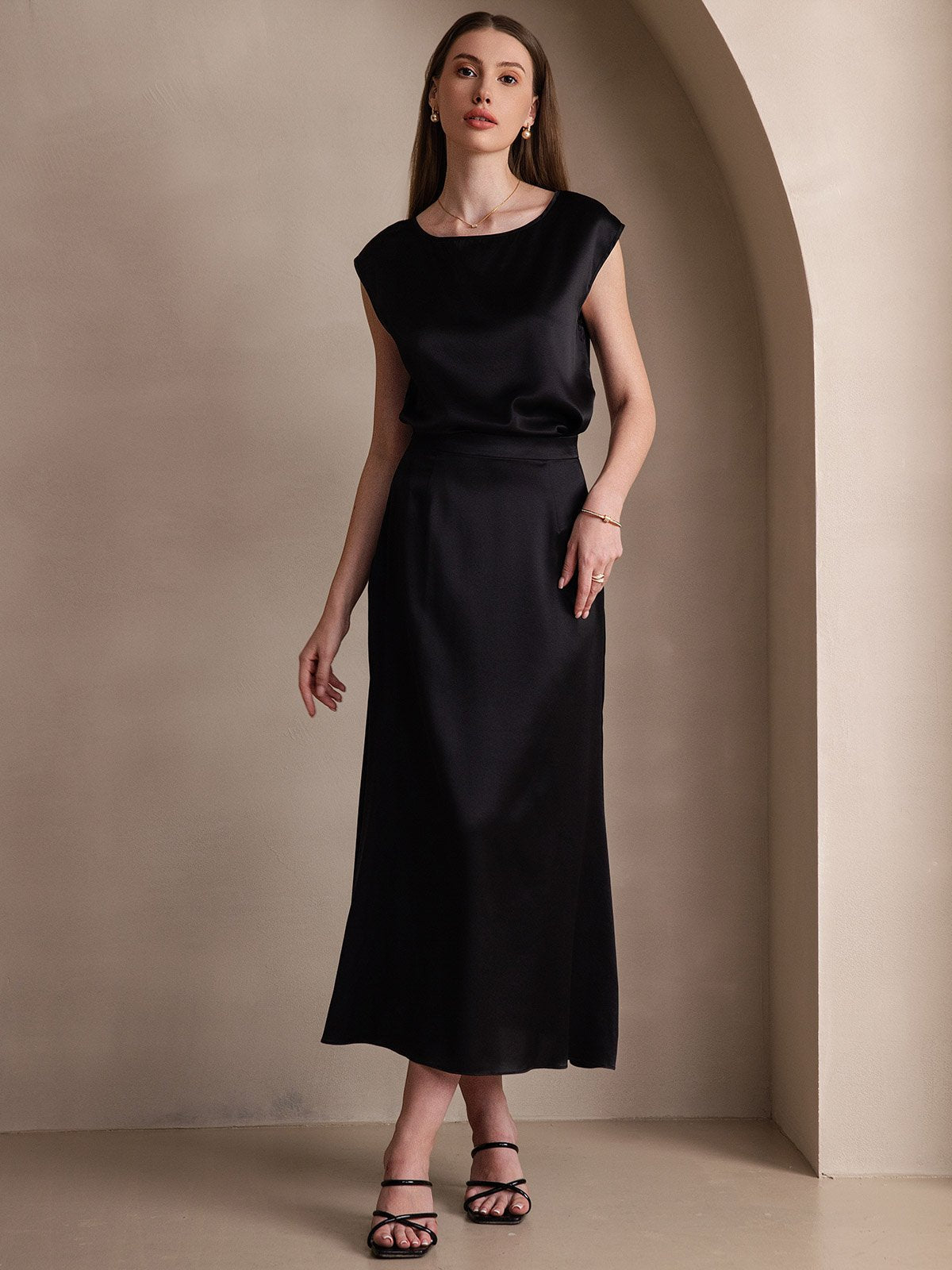 [Black] SilkSilky-AU 19Momme Stretch Silk Charmeuse Skirt 007