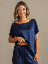[Dark Blue] SilkSilky-AU 19Momme Machine-Washable Silk Short Sleeve Women's Pyjamas 005