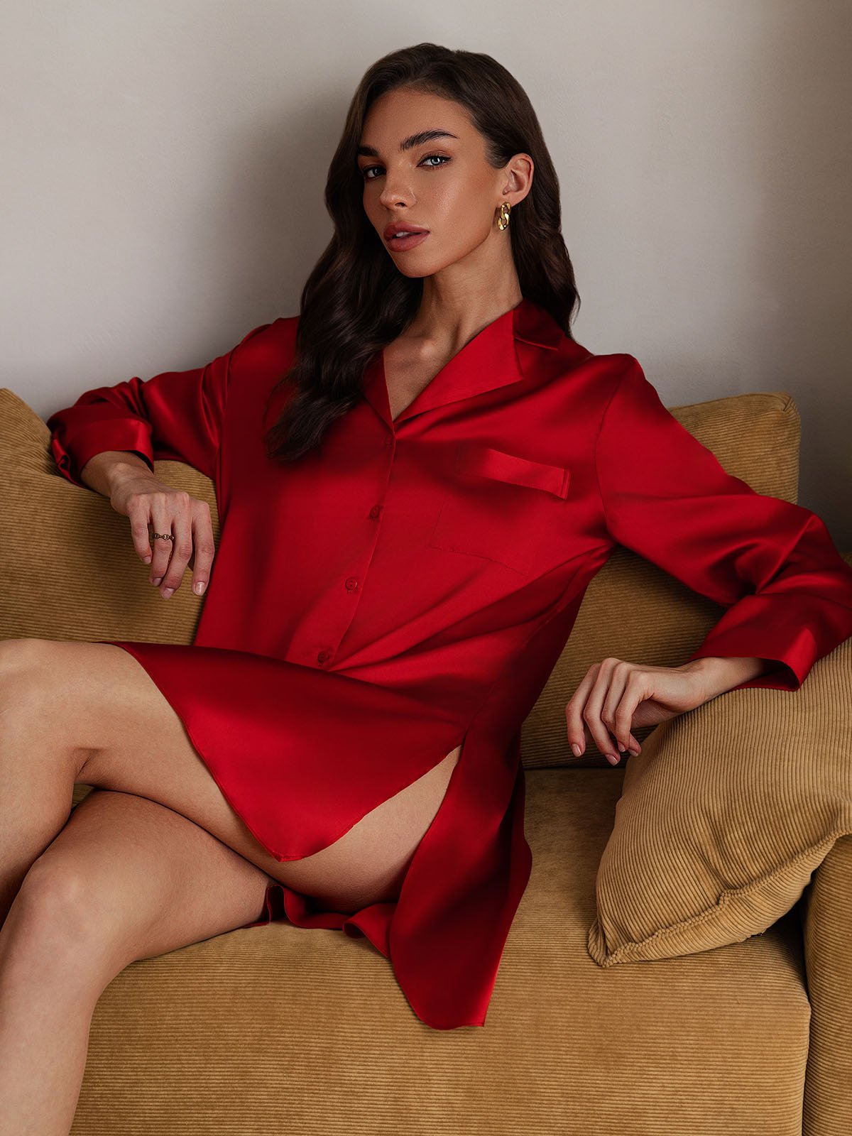 [Red] SilkSilky-AU Pure Silk Lapel Collar Nightgown 008