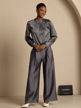 [Dark Gray] SilkSilky-AU 19Momme Stretch Silk Charmeuse Long Sleeve Round Neck Blouse 008