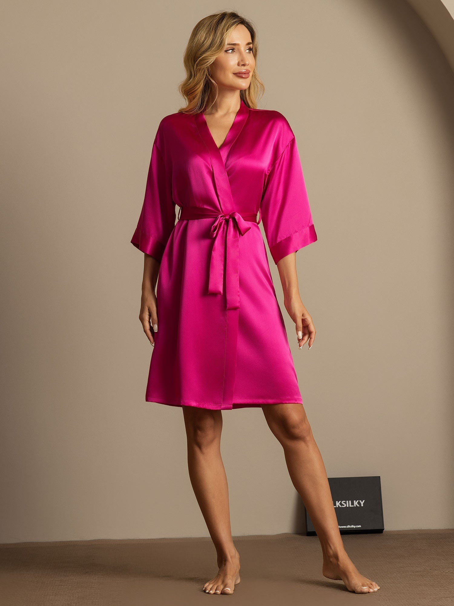 [Rose Red] SilkSilky-AU Pure Silk Womens Robe 006,