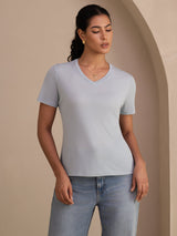 [Grayish Blue] SilkSilky-AU Short Sleeve V Neck Women's T-Shirt 001