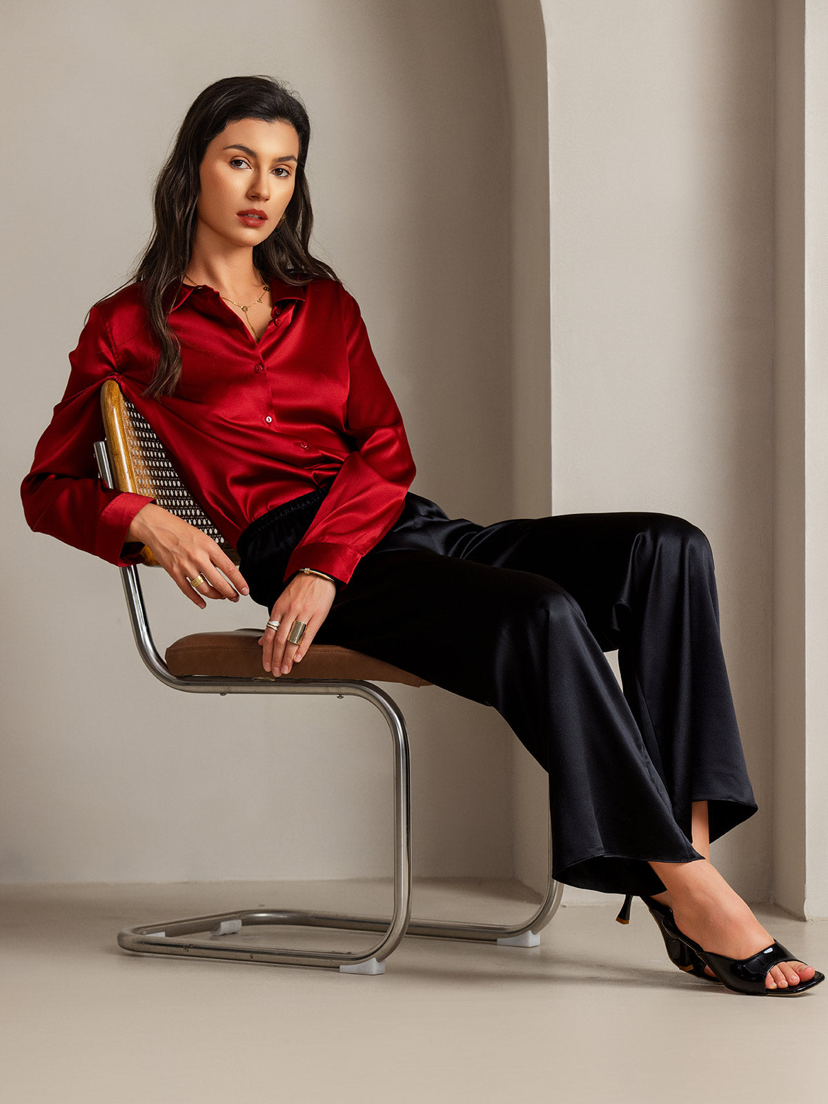 [Red] SilkSilky-AU Silk Long Sleeve Lapel Collar Women's Shirt 006