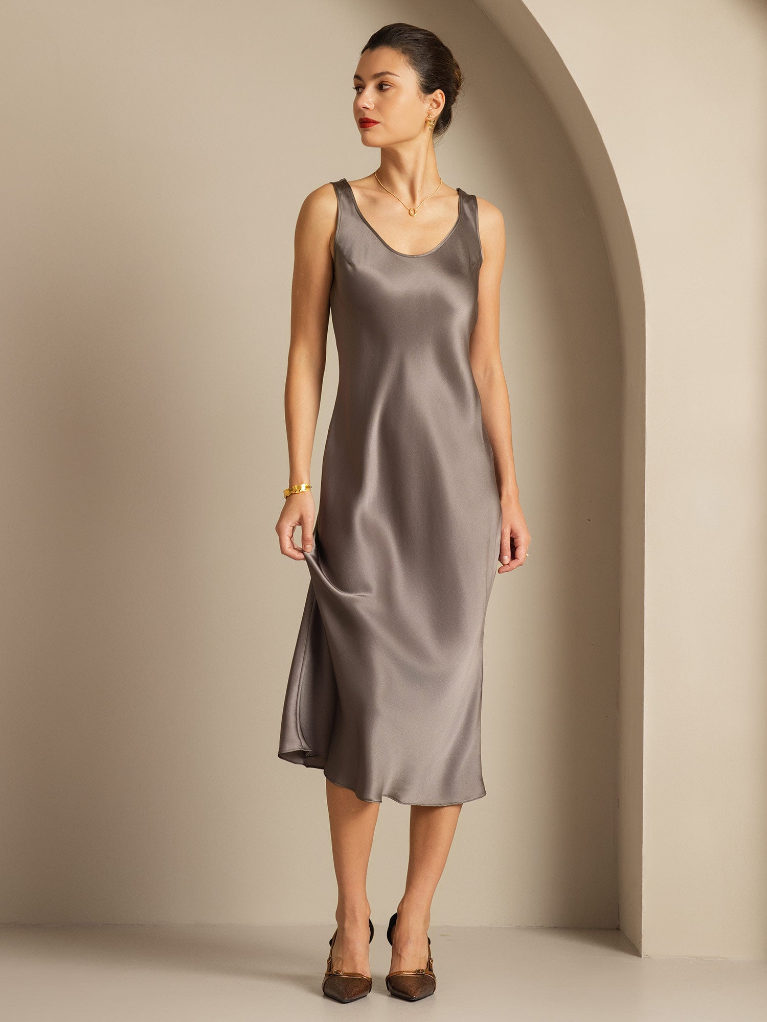 [Dark Khaki] SilkSilky-AU Pure Silk Boat Neck Dress 005,