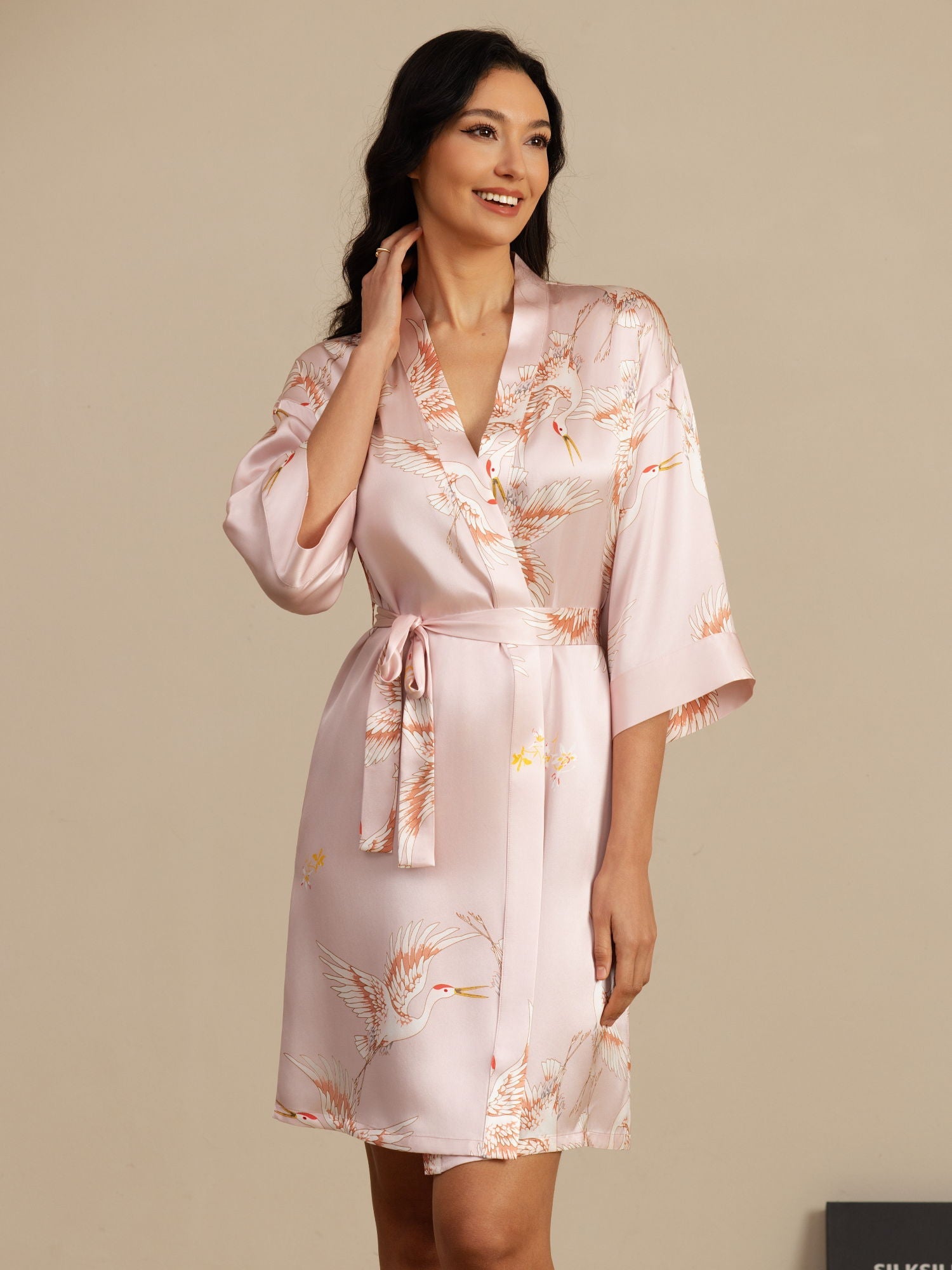[Pink] SilkSilky-AU 19Momme 3/4 Sleeve Women's Dressing Gown 006
