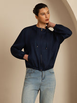 [DarkBlue] SilkSilky-AU 18Momme Silk Satin Surah Long Sleeve Stand Collar Women's Outerwear 001