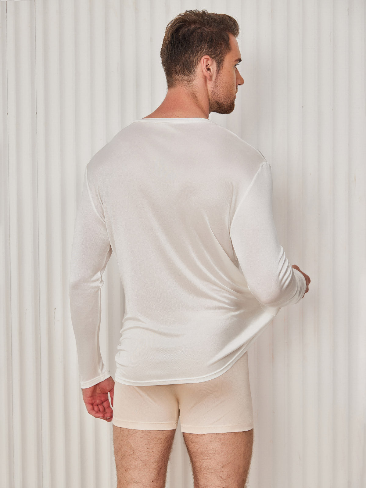 SilkSilky AU Silk Knitted Long Sleeve V Neck Men's T Shirt White 002