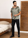 SilkSilky AU Pure Silk Short Sleeve V Neck Men's T Shirt GrayishGreen 005