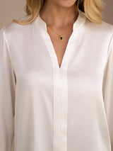 [White] SilkSilky-AU Long Sleeve Split Women's Blouse 005