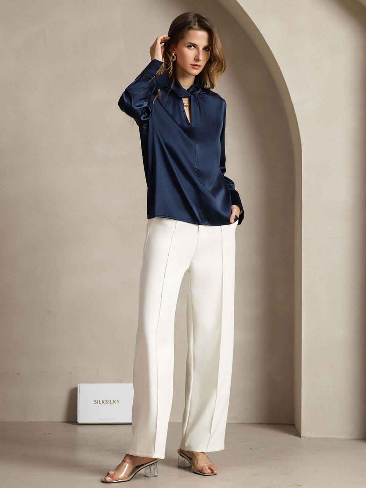 [DarkBlue] SilkSilky-AU 19Momme Silk Keyhole Neck Women's Shirt 007