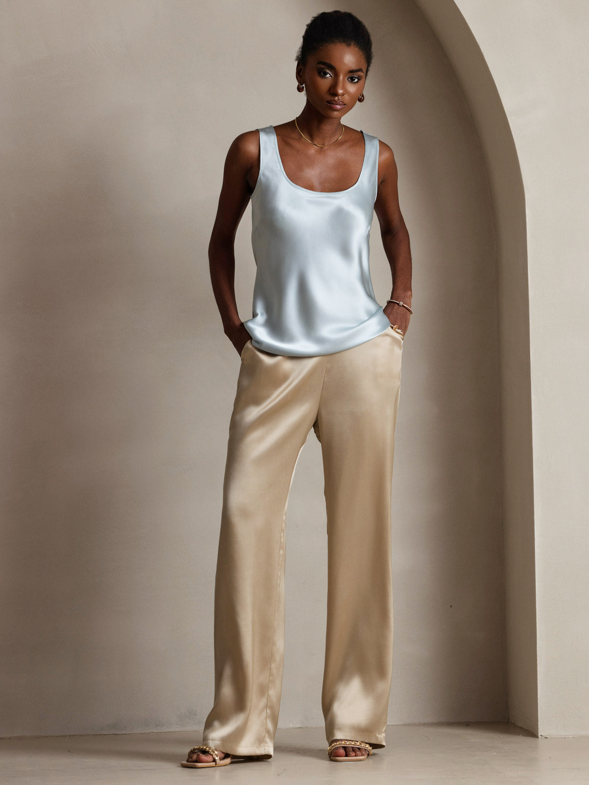 [Light Blue] SilkSilky-AU 19Momme Silk Sleeveless U Neck Camisole 007