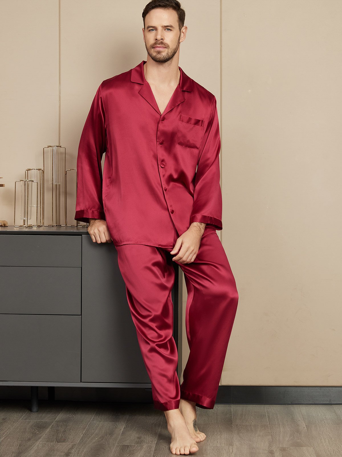 [Wine] SilkSilky-AU Pure Silk Mens Pajamas 005