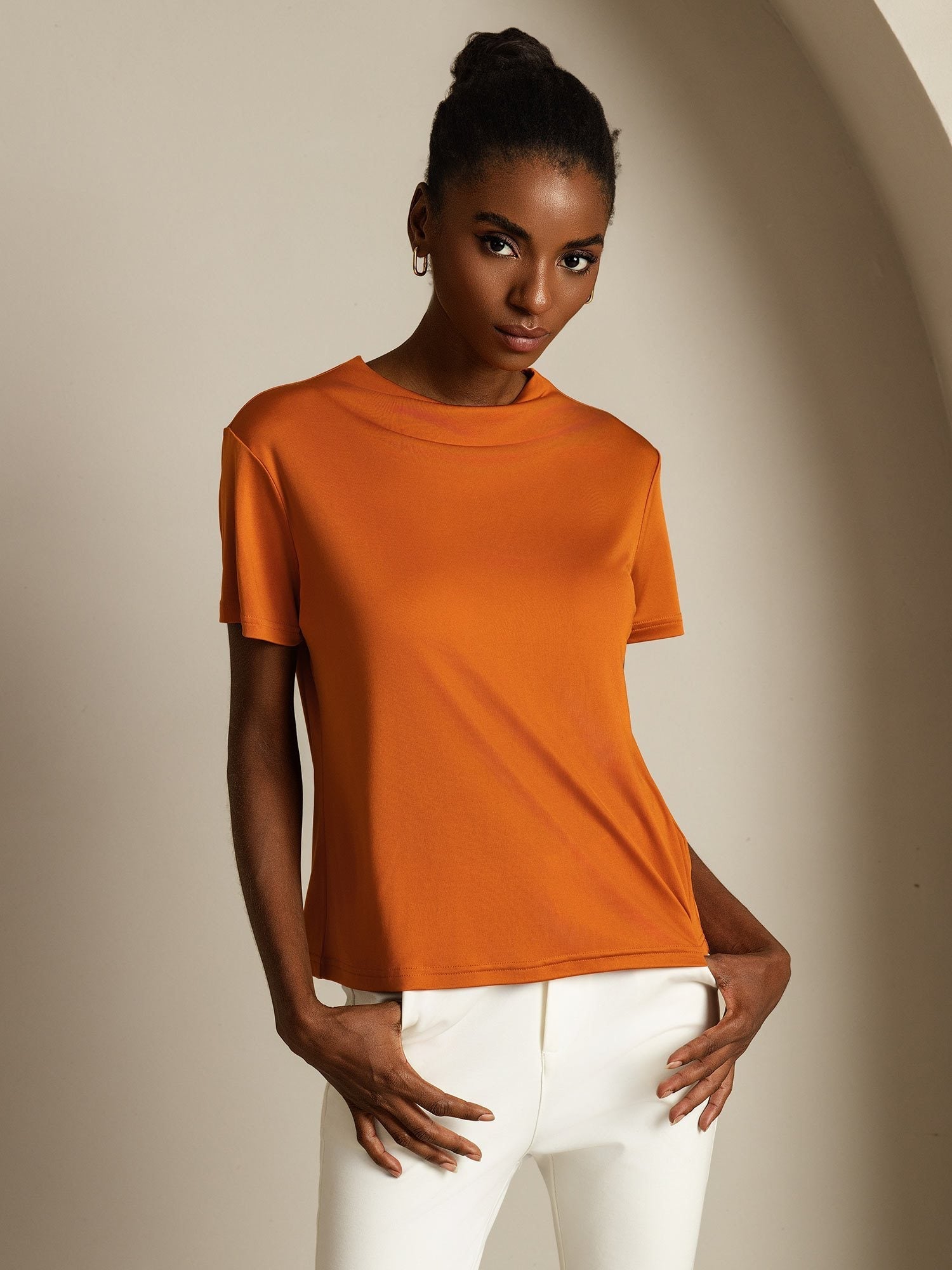 [Orange] SilkSilky-AU Pure Silk Collar Women's T-Shirt 004