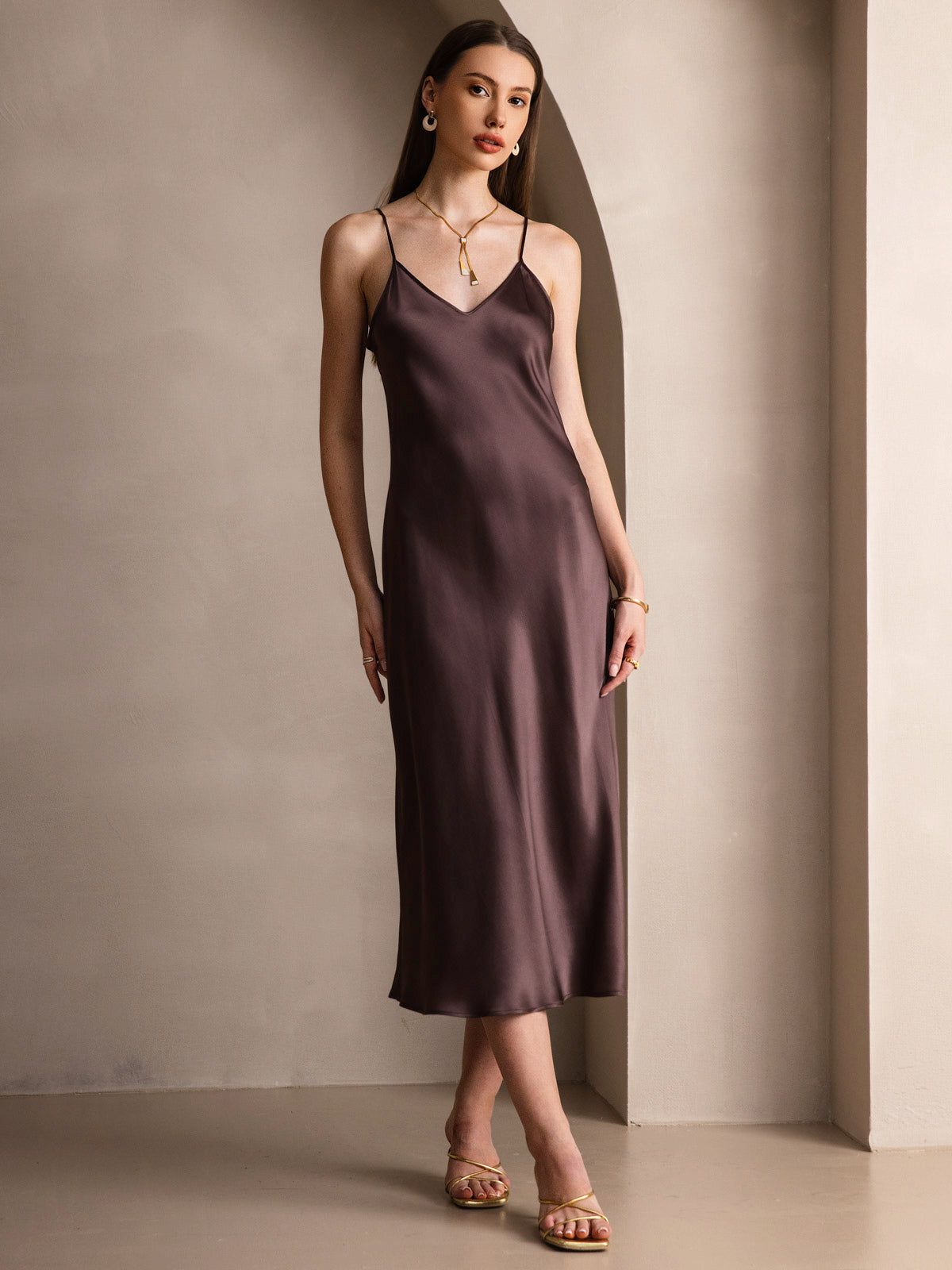 SilkSilky-AU Pure Silk Sleeveless Round Neck Dress Coffee 001