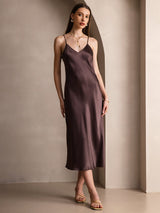 [Coffee] SilkSilky-AU Sleeveless V Neck Dress 001