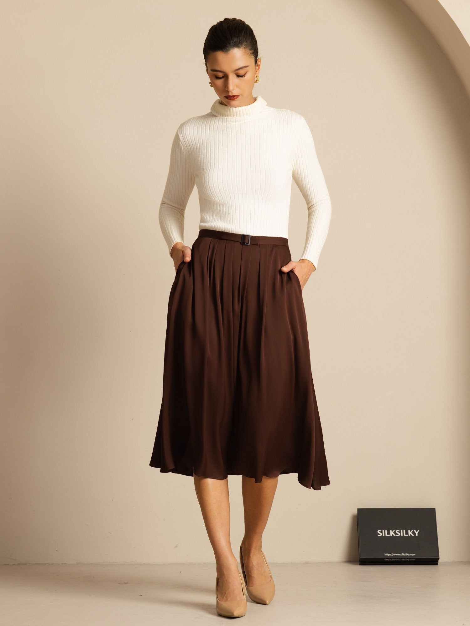 [Bitter Chocolate] SilkSilky-AU 19Momme Stretch Silk Double Georgette Skirt 005