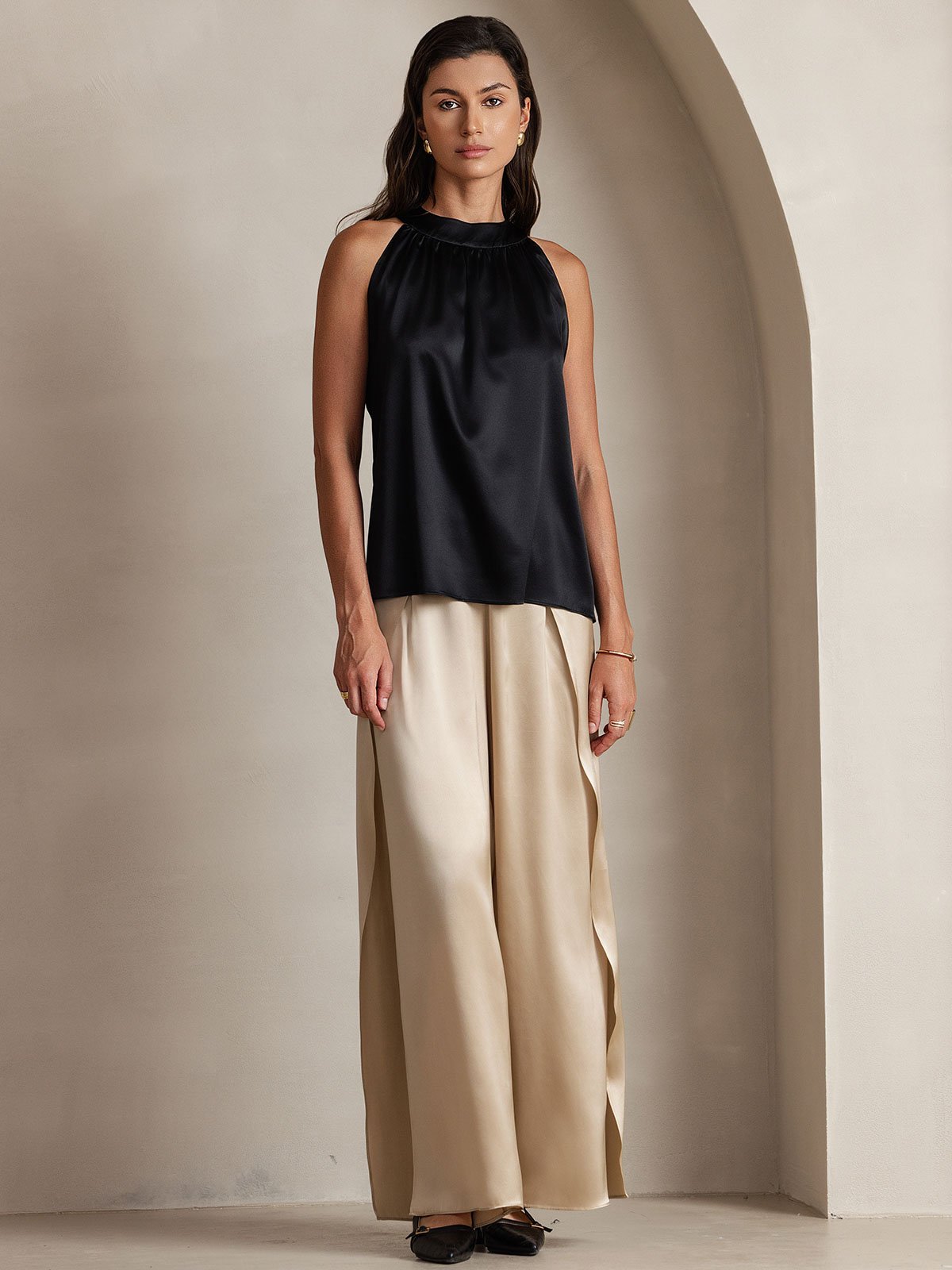 [Black] SilkSilky-AU 19Momme Silk Sleeveless Halter Neck Women's T-Shirt 001