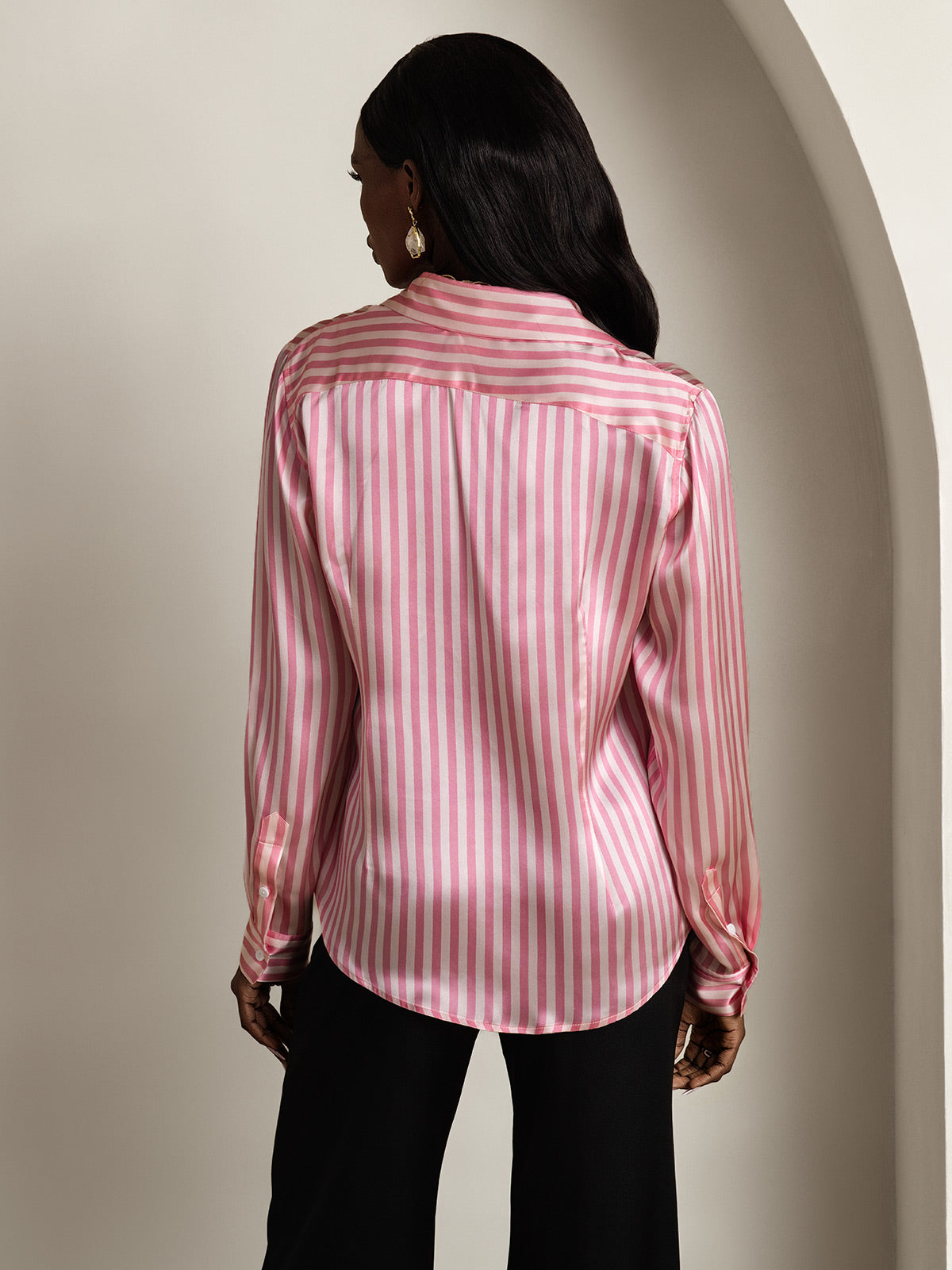 [Pink Stripe] SilkSilky-AU Silk Long Sleeve Lapel Collar Women's Shirt 002