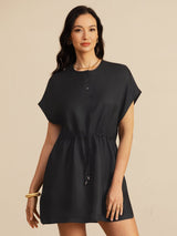 [Black] SilkSilky-AU 18Momme Silk Satin Surah Cap Sleeve Henley Neck Dress 003