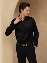[Black] SilkSilky-AU 19Momme Stretch Silk Charmeuse Long Sleeve Lapel Collar Men's Shirt 005