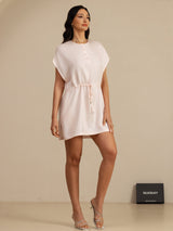 [Pink] SilkSilky-AU 18Momme Silk Satin Surah Cap Sleeve Henley Neck Dress 006