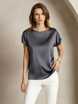 [Dark Gray] SilkSilky-AU 19Momme Stretch Silk Charmeuse Short Sleeve Boat Neck Women's T-Shirt 004