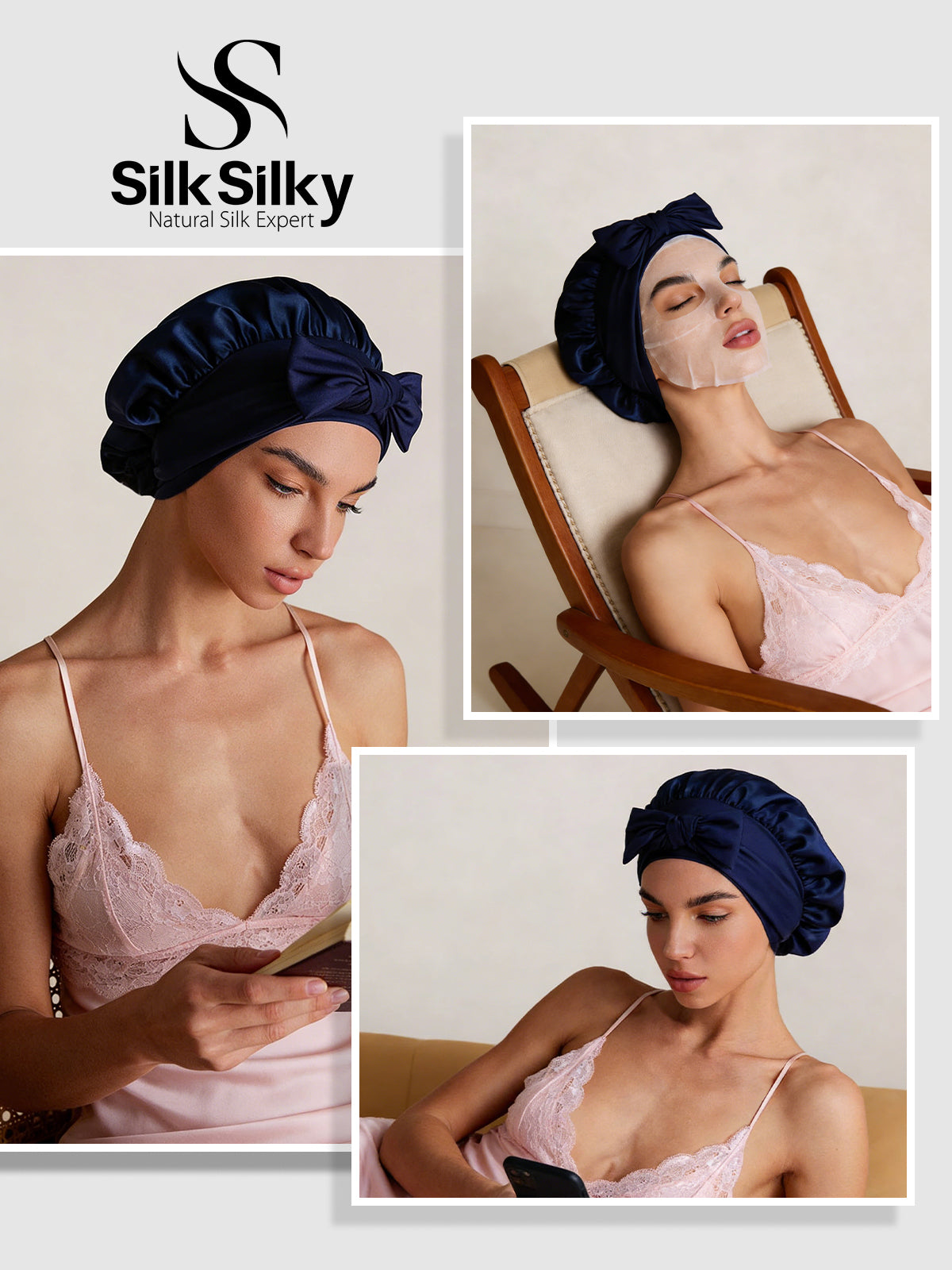 [Dark Blue] SilkSilky-AU Pure Silk Sleep Cap 005