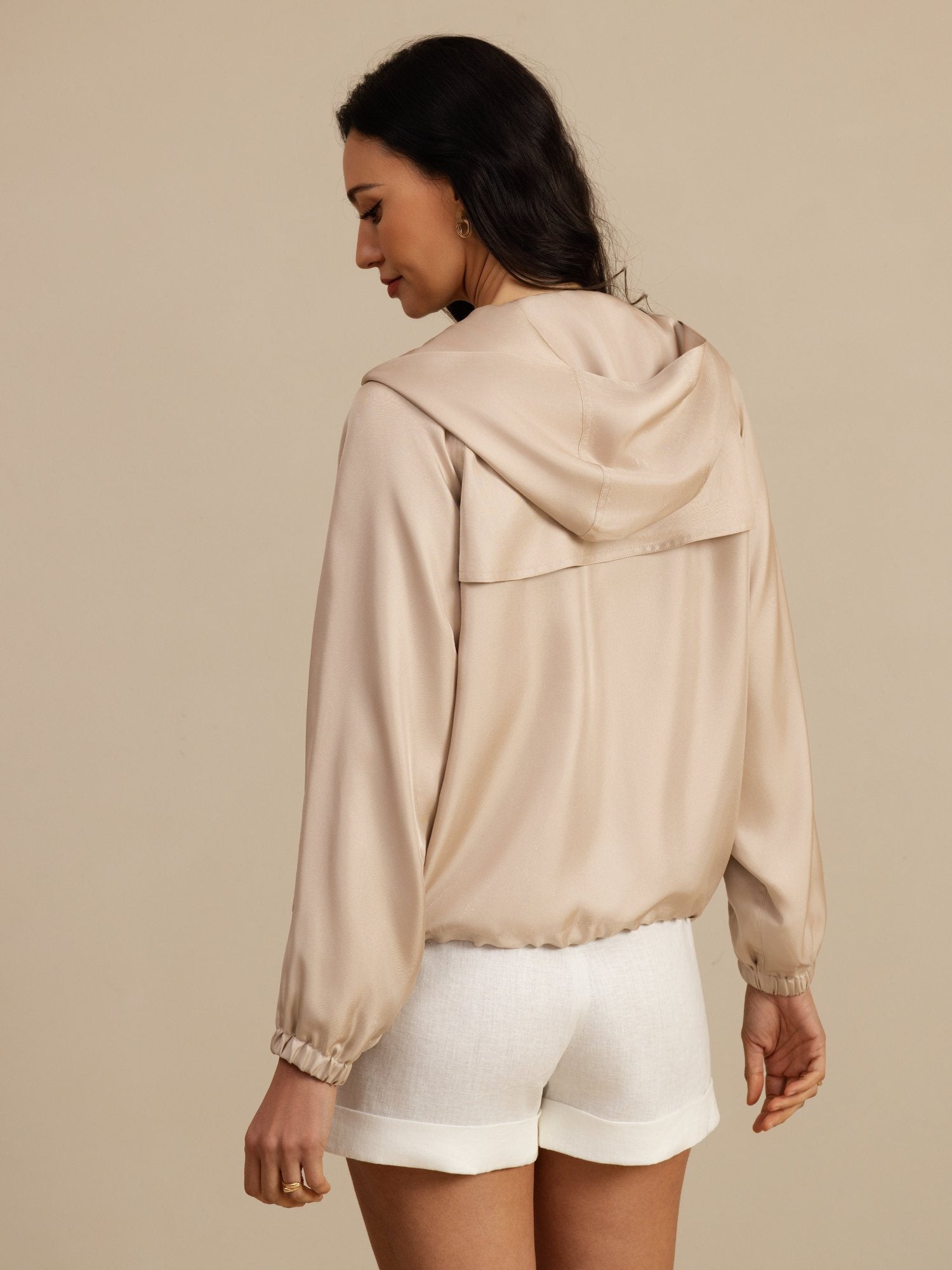 [Tan] SilkSilky-AU Silk Satin Surah Long Sleeve High Neck Women's Outerwear 002