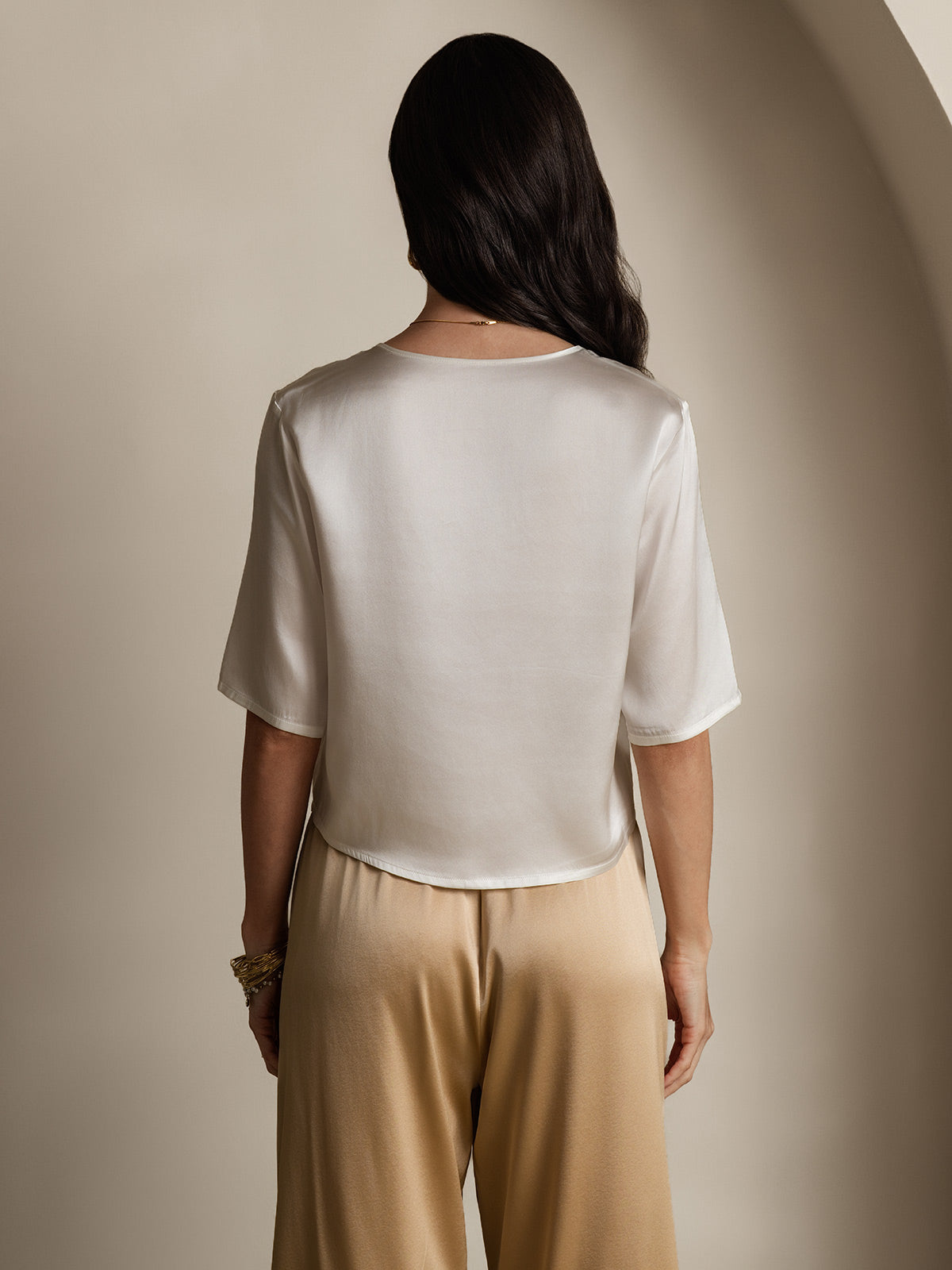 [White] SilkSilky-AU Pure Silk Boat Neck Women's T-Shirt 002