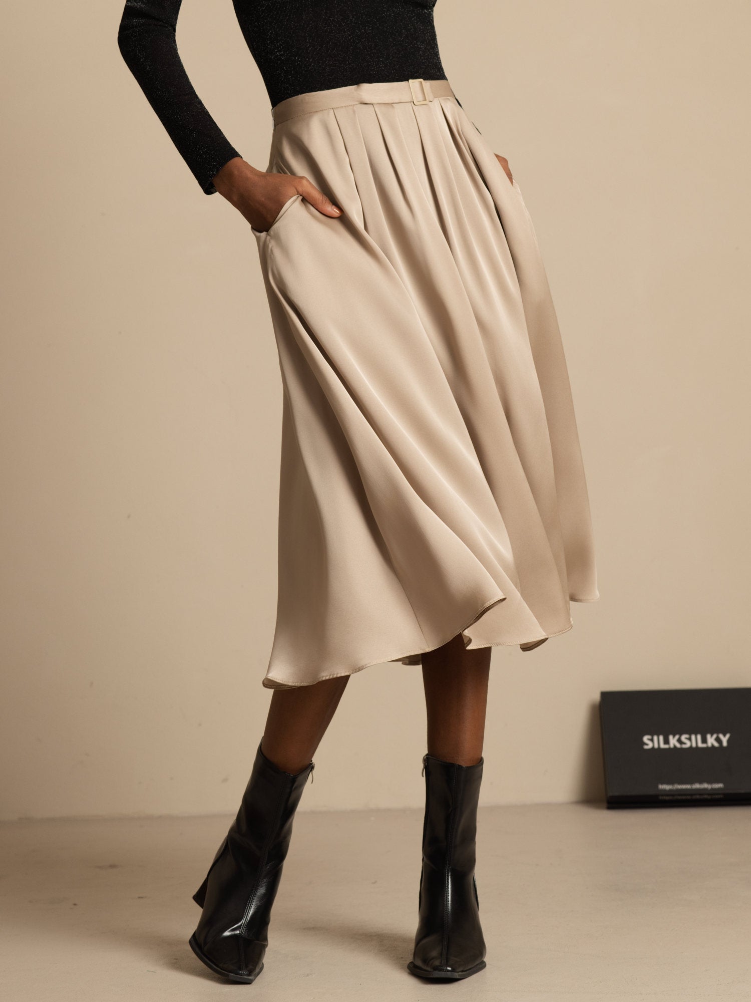 [Tan] SilkSilky-AU 19Momme Stretch Silk Double Georgette Skirt 003