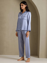 [Steel Blue] SilkSilky-AU Long Sleeve Lapel Collar Women's Pyjamas 006