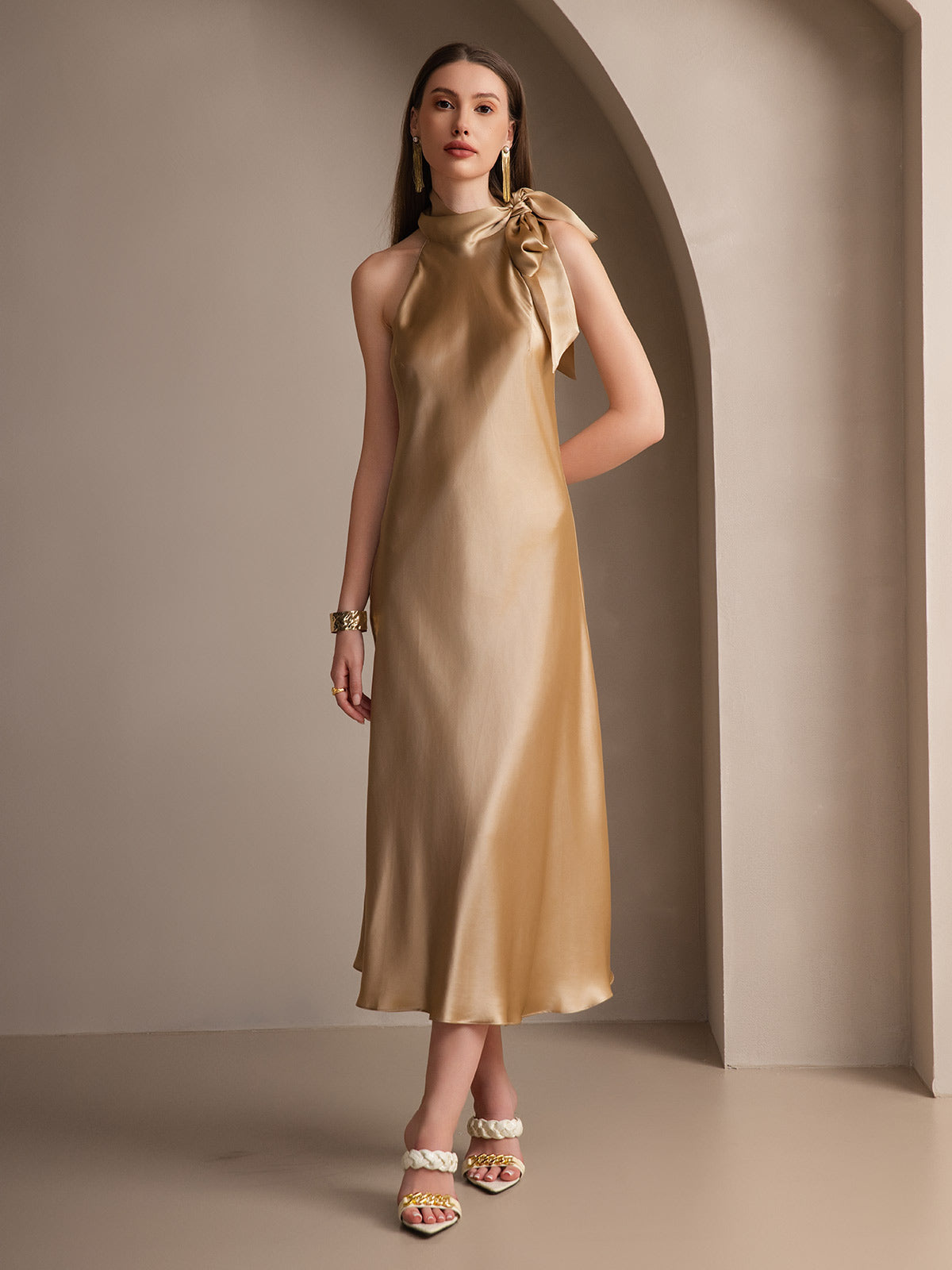 [Champagne] SilkSilky-AU 19Momme Silk Sleeveless Tie Neck Dress 006