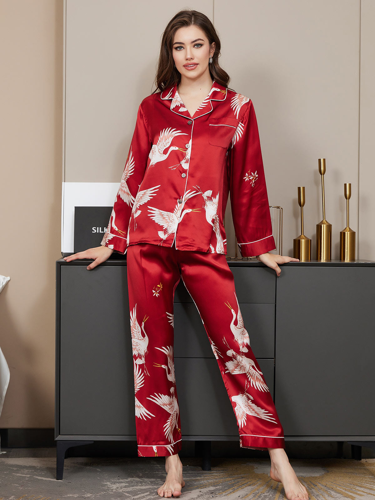 SilkSilky AU 19Momme Pure Silk Long Sleeve Lapel Women's Pyjamas DarkRed 003