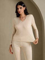 [Beige] SilkSilky-AU Long Sleeve V Neck Women's Long Johns 003