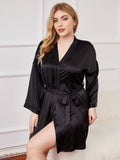 SilkSilky AU Pure Silk Long Sleeve Deep V Neck Plus Size Dressing Gown Black 003