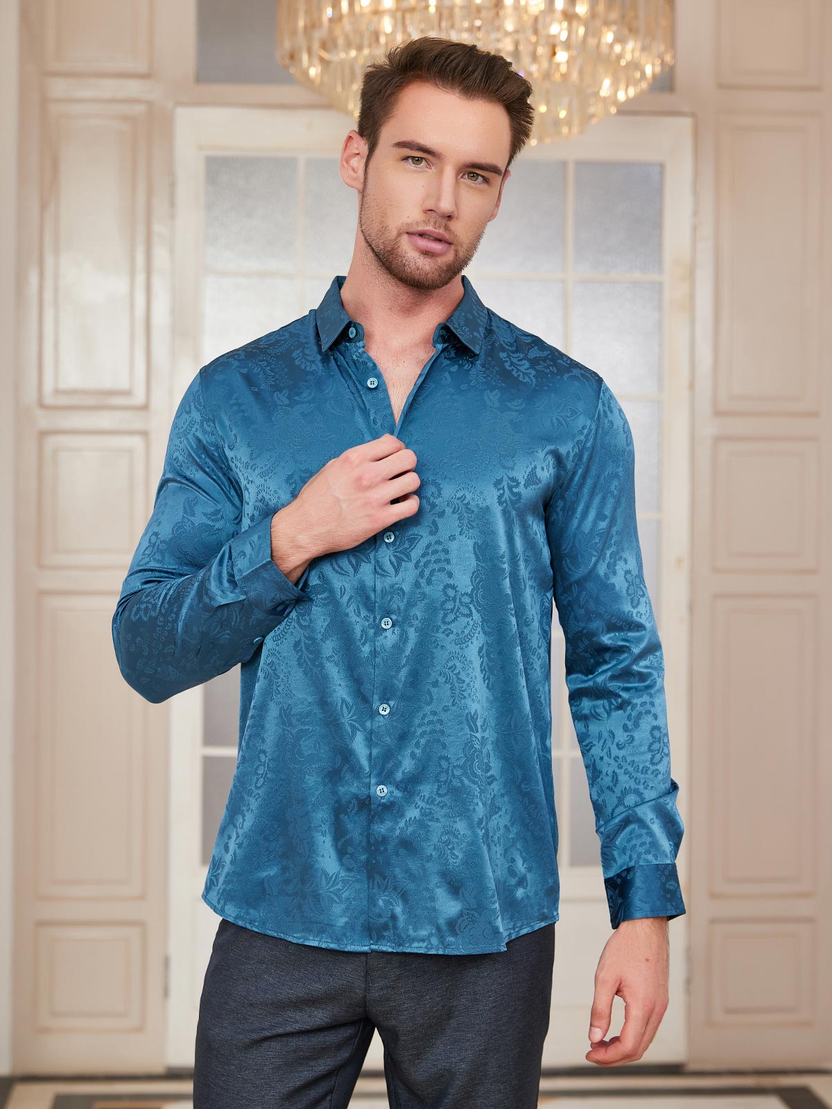 SilkSilky AU Silk Long Sleeve Collar Men's Shirt Teal 001