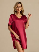 [Dark Red] SilkSilky-AU Half Sleeve V Neck Nightgown 001