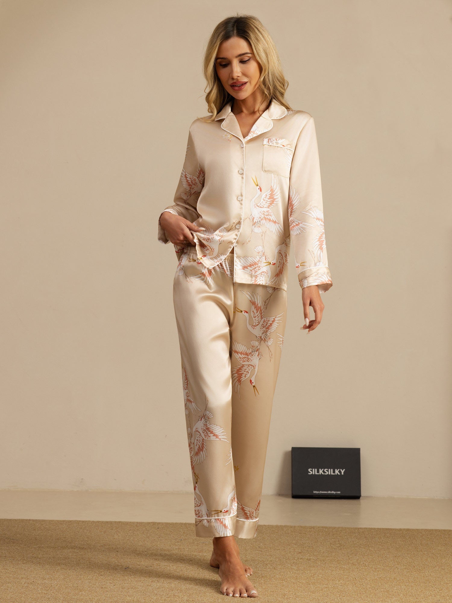 [Champagne] SilkSilky-AU 19Momme Long Sleeve Notch Collar Women's Pyjamas 006