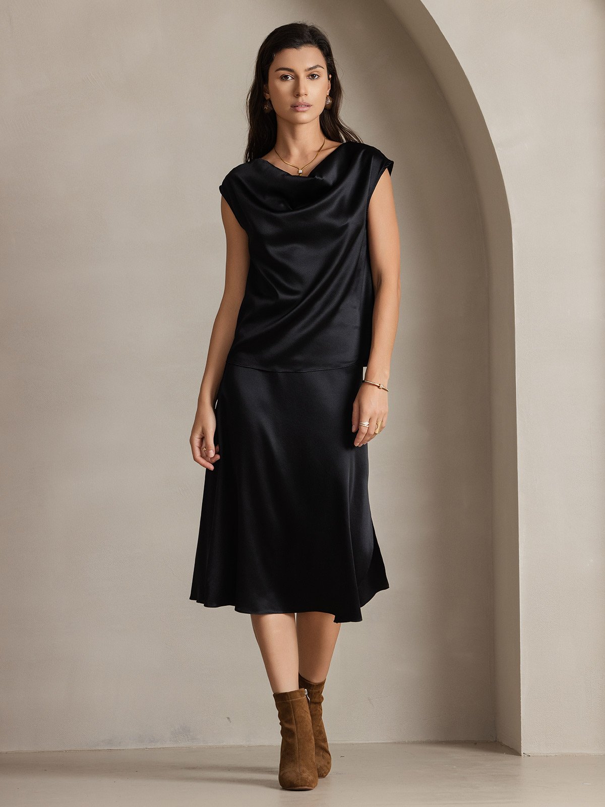 [Black] SilkSilky-AU 19Momme Silk Sleeveless Cowl Neck Women's T-Shirt 004